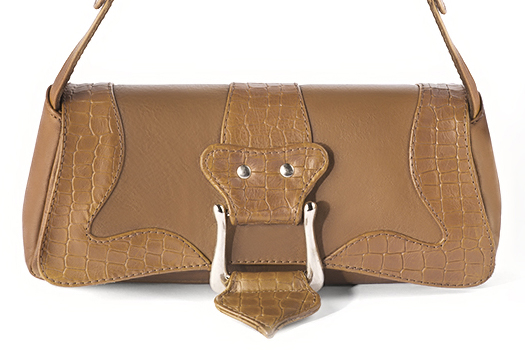 Camel beige women's dress belt, matching pumps and bags. Made to measure. Profile view - Florence KOOIJMAN